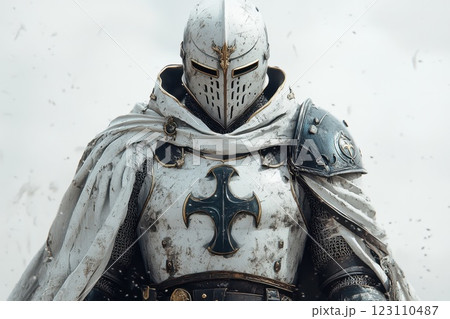 Glorious knight clad in shining armor stands ready for battle amidst a misty background showcasing valor and strength in a timeless medieval setting 123110487