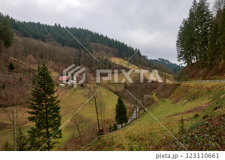 Picturesque Black Forest Winter Landscape with Traditional German Farmhouse and Meandering Stream in Snow Covered Valley. Idyllic Rural Scene Showcases Iconic Alpine Architecture Amidst Evergreen Pine Picturesque Black Forest Winter Landscape with Traditional German Farmhouse and Meandering Stream in Snow Covered Valley. Idyllic Rural Scene Showcases Iconic Alpine Architecture Amidst Evergreen Pine 123110661