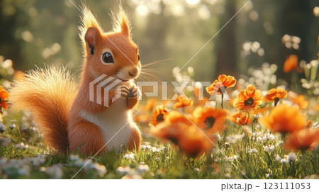 Squirrel sits among colorful flowers in a sunlit meadow enjoying a snack during a peaceful afternoon in springtime 123111053