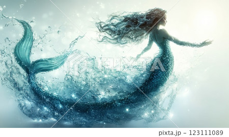 Mermaid gracefully moving through sparkling water in an enchanting underwater setting with intricate details and soft lighting Mermaid gracefully moving through sparkling water in an enchanting underwater setting with intricate details and soft lighting 123111089
