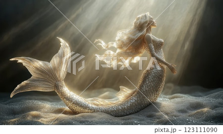 Mermaid gracefully rising from the ocean depths, illuminated by ethereal light, showcasing shimmering scales and flowing hair in a tranquil underwater setting 123111090