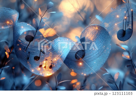 Creative representation of musical notes flowing through a dreamy, blue-toned landscape with hints of light in the background 123111103