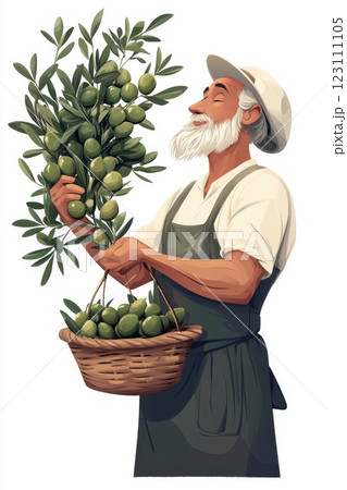 Elderly man harvests olives in a sunlit orchard, showcasing the beauty of olive farming and traditional agricultural practices 123111105