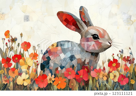 Colorful rabbit surrounded by vibrant flowers in a whimsical artistic landscape showcasing nature's beauty 123111121