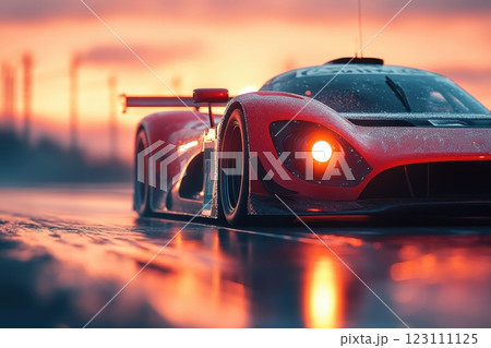Racing car captured in wet conditions during sunset at a motorsports track with intense colors reflecting on the ground Racing car captured in wet conditions during sunset at a motorsports track with intense colors reflecting on the ground 123111125