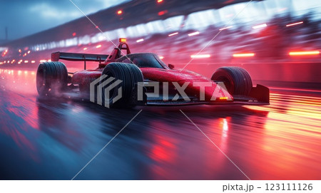 Fast red racing car speeds around wet track under dramatic lights during a night race event 123111126