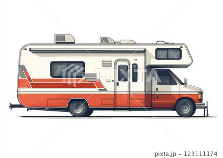 Classic recreational vehicle parked on a scenic roadside during a sunny day, showcasing vibrant orange and white colors with distinctive features 123111174
