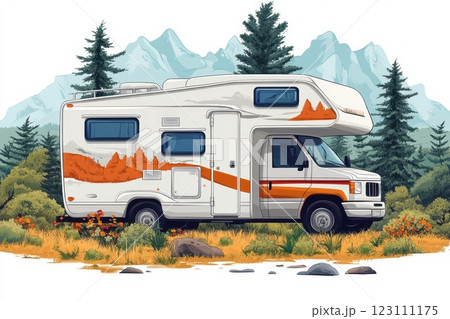 Bright and colorful RV parked in a scenic mountain landscape surrounded by lush trees and vibrant shrubs during a sunny day 123111175
