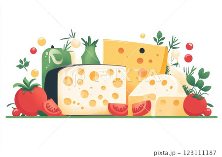 Variety of cheeses arranged with fresh vegetables and herbs on a bright background in a cheerful kitchen setting Variety of cheeses arranged with fresh vegetables and herbs on a bright background in a cheerful kitchen setting 123111187