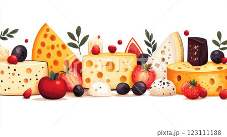 Colorful arrangement of various cheeses and fruits on a bright background showcasing a delicious culinary display for a picnic or cheese platter Colorful arrangement of various cheeses and fruits on a bright background showcasing a delicious culinary display for a picnic or cheese platter 123111188