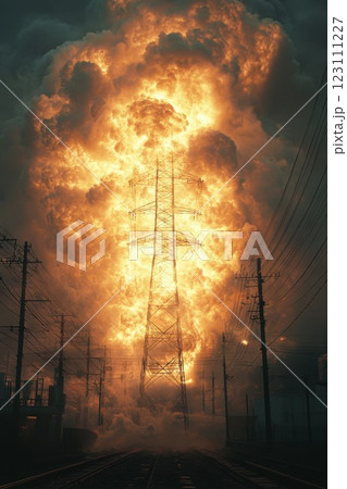 Massive explosion erupts from power tower, illuminating the night sky over an industrial area in a dramatic display of fire and smoke 123111227