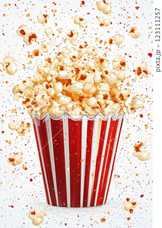 Popcorn bursts joyfully from a classic red and white striped container, creating a playful display against a bright backdrop, perfect for a movie night or festive occasion Popcorn bursts joyfully from a classic red and white striped container, creating a playful display against a bright backdrop, perfect for a movie night or festive occasion 123111257