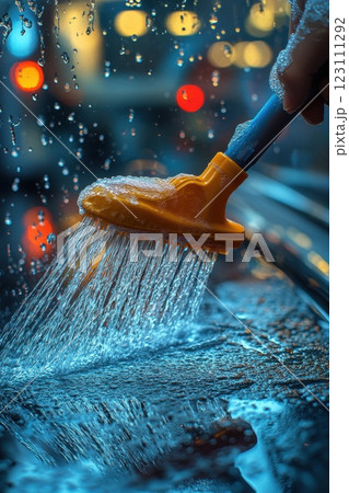 Vibrant water splashes during a nighttime car wash in an urban environment showcasing cleaning action and reflections under colored lights Vibrant water splashes during a nighttime car wash in an urban environment showcasing cleaning action and reflections under colored lights 123111292