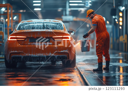 Car washing process in an industrial setting with a worker using a bucket and spray to clean a bright orange vehicle Car washing process in an industrial setting with a worker using a bucket and spray to clean a bright orange vehicle 123111293