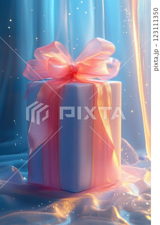 Beautifully wrapped gift box with pink ribbon sitting on a shimmering surface surrounded by soft, glowing light Beautifully wrapped gift box with pink ribbon sitting on a shimmering surface surrounded by soft, glowing light 123111350