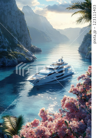 Luxurious yacht cruising through serene waters surrounded by lush cliffs and blooming flowers during golden hour in a picturesque coastal area 123111403
