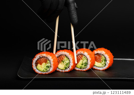 Boat on the waves against the backdrop of Mount Montenegro 123111489