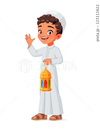 Young Muslim boy wearing a cap and holding a lantern celebrating Ramadan. Eid Mubarak vector illustration. 123111622