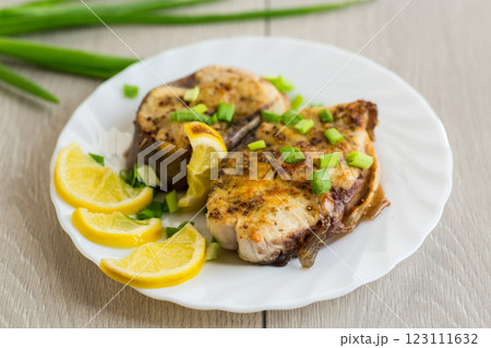 Gourmet dinner with juicy fish 123111632