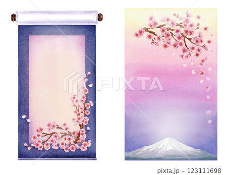 Vertical frames with blooming sakura flowers with gradient background in pastel pink, lilac, purple colors for Hanami festival Two spring watercolor templates for postcard, poster, postcard, wedding Vertical frames with blooming sakura flowers with gradient background in pastel pink, lilac, purple colors for Hanami festival Two spring watercolor templates for postcard, poster, postcard, wedding 123111698