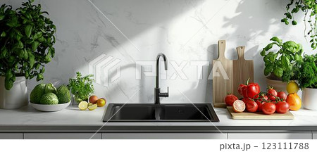 おしゃれなキッチンに置かれた野菜とフルーツ おしゃれなキッチンに置かれた野菜とフルーツ 123111788