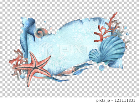 Paper banner scroll, in marine theme with underwater animals, shells, seaweed, corals, starfish and bubbles. Watercolor hand drawn illustration. Rectangular horizontal frame, banner, template for text Paper banner scroll, in marine theme with underwater animals, shells, seaweed, corals, starfish and bubbles. Watercolor hand drawn illustration. Rectangular horizontal frame, banner, template for text 123111833