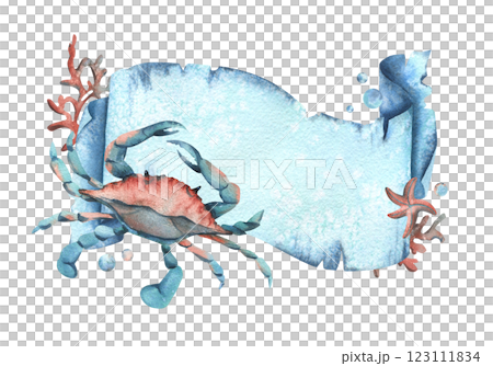 Paper banner scroll, in marine theme with underwater animals, crab, corals, starfish and bubbles. Watercolor hand drawn illustration. Rectangular horizontal frame, banner, template for text isolated Paper banner scroll, in marine theme with underwater animals, crab, corals, starfish and bubbles. Watercolor hand drawn illustration. Rectangular horizontal frame, banner, template for text isolated 123111834