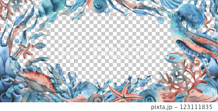 Underwater world with sea animals, octopus, crab, shells, corals, fish, seaweed, starfish and bubbles. Hand drawn watercolor illustration. Marine rectangular horizontal frame, banner, template 123111835