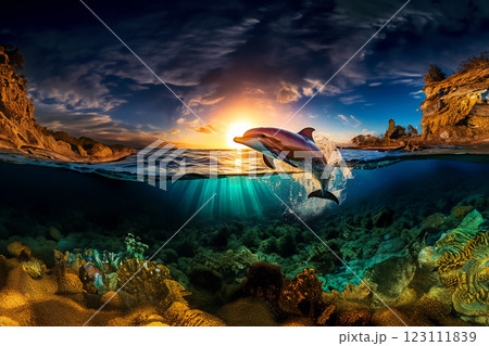 夕暮れの海でイルカがジャンプする 123111839