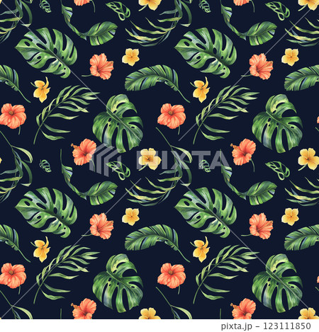 Tropical palm leaves, monstera and flowers of plumeria, hibiscus, bright juicy. Hand drawn watercolor botanical illustration. Seamless pattern on a dark background 123111850