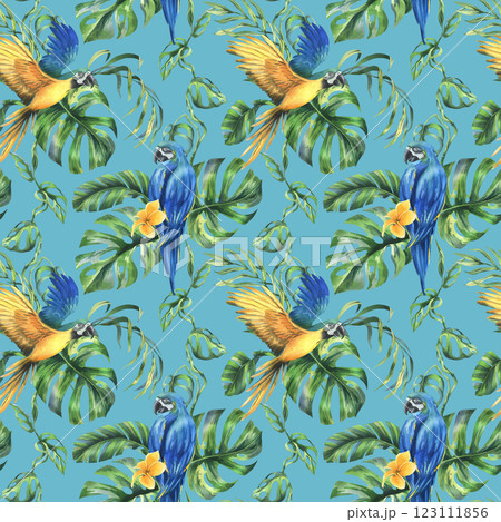 Tropical palm leaves, monstera and flowers of plumeria, hibiscus, bright juicy with blue-yellow macaw parrot. Hand drawn watercolor botanical illustration. Seamless pattern on the blue background Tropical palm leaves, monstera and flowers of plumeria, hibiscus, bright juicy with blue-yellow macaw parrot. Hand drawn watercolor botanical illustration. Seamless pattern on the blue background 123111856