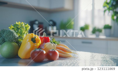 おしゃれなキッチンに置かれた野菜とフルーツ 123111869