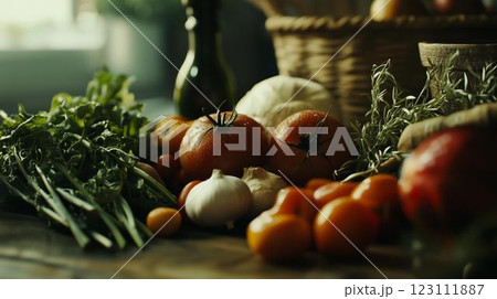 おしゃれなキッチンに置かれた野菜とフルーツ 123111887