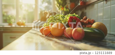 おしゃれなキッチンに置かれた野菜とフルーツ 123111889