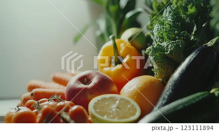 おしゃれなキッチンに置かれた野菜とフルーツ 123111894