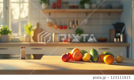 おしゃれなキッチンに置かれた野菜とフルーツ 123111915