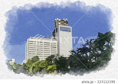 水彩画風 静岡県庁と駿府城城代橋 静岡県静岡市 水彩画風 静岡県庁と駿府城城代橋 静岡県静岡市 123112199
