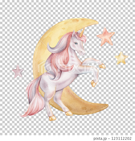 Hand drawn watercolor illustration of the Unicorn stands on its hind legs with moon and stars. Cute violet pink horse for Baby shower invitations or wall art. Pastel Fantasy pony for kids cards. Hand drawn watercolor illustration of the Unicorn stands on its hind legs with moon and stars. Cute violet pink horse for Baby shower invitations or wall art. Pastel Fantasy pony for kids cards. 123112202