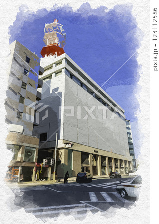 水彩画風　静岡市中心街　御幸通り　御幸町交差点　静岡電電ビル　静岡県静岡市 123112586