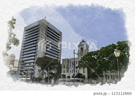 水彩画風　静岡市役所　静岡県静岡市 123112660