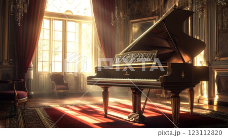 A grand piano rests in an elegantly lit room. The warm sunlight dances across the floor. This scene evokes a sense of serenity and musical inspiration. Generative AI 123112820