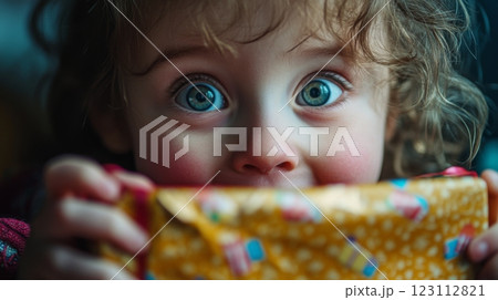 A joyful child with bright blue eyes excitedly holds a colorful gift. The moment captures pure happiness and wonder. This image evokes emotions of celebration and joy. Generative AI 123112821