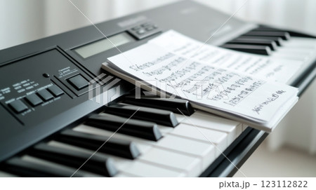 A close-up view of a modern keyboard with music sheets. The black keys contrast beautifully with the white notes. This image captures creativity and musicality. Generative AI 123112822