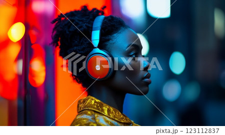 A woman listens to music with stylish headphones in an urban setting. Neon lights create a vibrant backdrop. The moment captures the joy of sound and style. Generative AI 123112837
