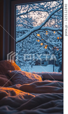 A cozy winter scene captured from a warm bed. Snow covers the trees outside, while soft blankets invite relaxation. Enjoy the serene beauty of nature. Generative AI 123112840