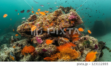 Vibrant underwater scene showcasing a coral reef thriving with colorful fish and rich marine life. Experience the beauty of nature beneath the waves. Generative AI 123112893
