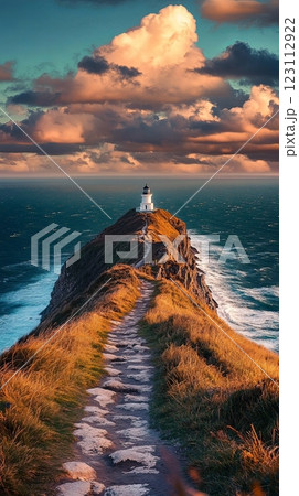 A stunning coastal landscape features a lighthouse perched on a rocky cliff. Waves crash against the shore beneath dramatic clouds and vibrant colors. Generative AI 123112922
