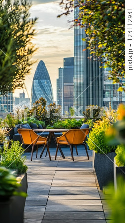 A serene rooftop garden with chic seating amid urban skyscrapers. Nature meets modern architecture in perfect harmony. Enjoy the view of city life from this stylish spot. Generative AI 123112931
