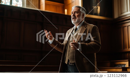 A distinguished speaker conveys wisdom in a grand hall. This image captures the essence of knowledge sharing in an elegant environment. Generative AI 123112966