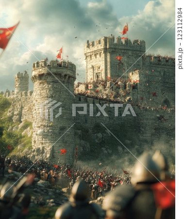 A bustling medieval castle scene unfolds with soldiers and flags waving in the wind. The fortress stands proud against a vibrant sky. Generative AI 123112984